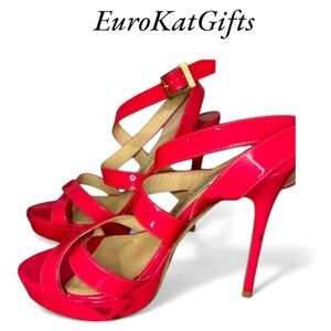 JIMMY CHOO “Louisa" Fuchsia Pink Strappy Platform Sandals Shoes 8.5M pre loved